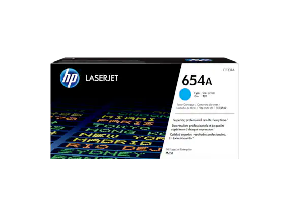 **HP LaserJet 654A Cyan Toner Cartridge**
- **CF331A**
- **Cyan / Mauve lâme / Cian / 青色 / Toner Cartridge / Cartouche de toner / Cartucho de toner / Hộp mực / 打印墨盒**
**Superior, professional results. Every time.**
- **Des résultats professionnels et de qualité supérieure à chaque impression.**
- **Calidad superior, resultados profesionales.**
- **En todo momento.**
**HP LaserJet Enterprise M651**