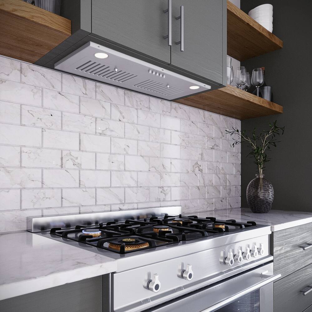 Back. Streamline - 28 in. Petroni Ducted Insert 350 CFM Range Hood, Baffle Filters, Push Button Control, LED Lights - Brushed Stainless Steel.