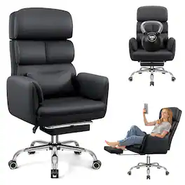 KERDOM - Big Tall Desk Chair with Reversible Arms, PU Leather Executive Manager Boss Chair with Lifting Headrest & Lumbar Pillow - Black