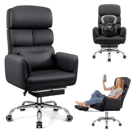 Front. KERDOM - Big Tall Desk Chair with Reversible Arms, PU Leather Executive Manager Boss Chair with Lifting Headrest & Lumbar Pillow - Black.