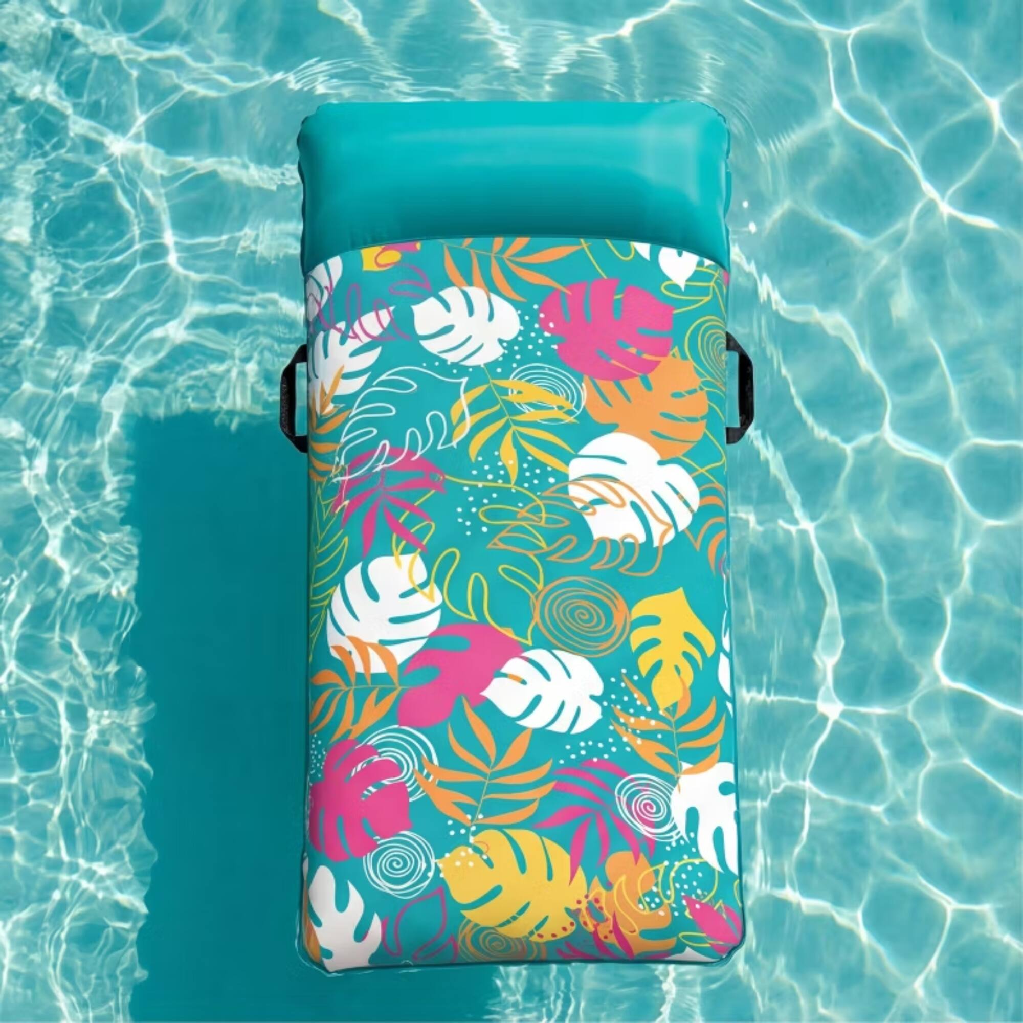 Back. Joyfy - 72'' Inflatable Pool Floats Mat with Headrest, Pool Floaties Raft for Adults, Fabric Floating Water Mattress (Teal).