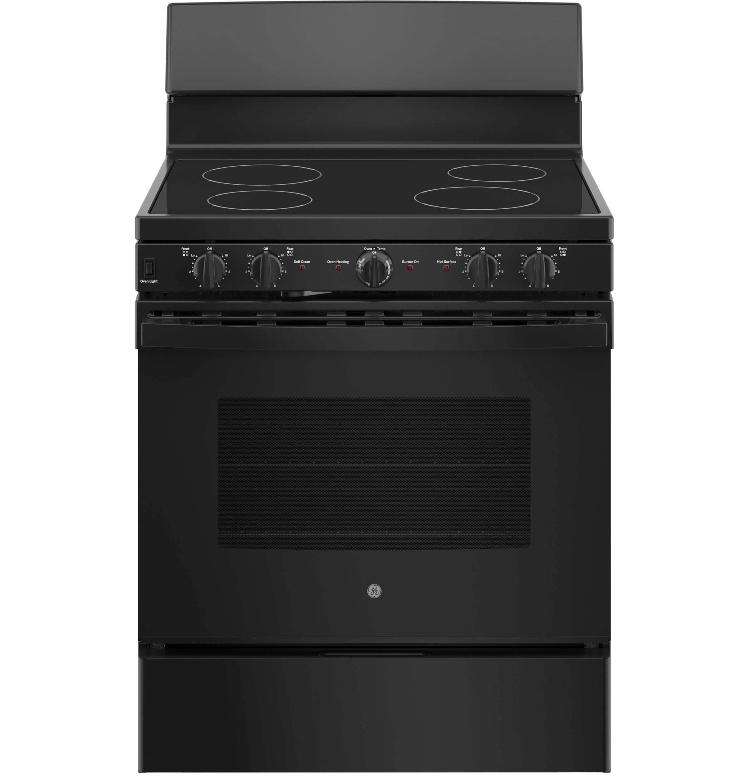 Front. GE - 5 Cu. Ft. Freestanding Electric Range with Self-Cleaning and Dual-Element Bake - Black.