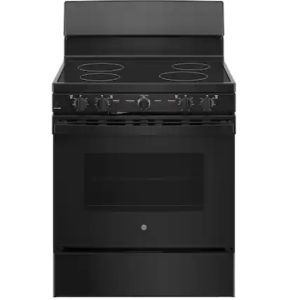 Front. GE - 5 Cu. Ft. Freestanding Electric Range with Self-Cleaning and Dual-Element Bake - Black.