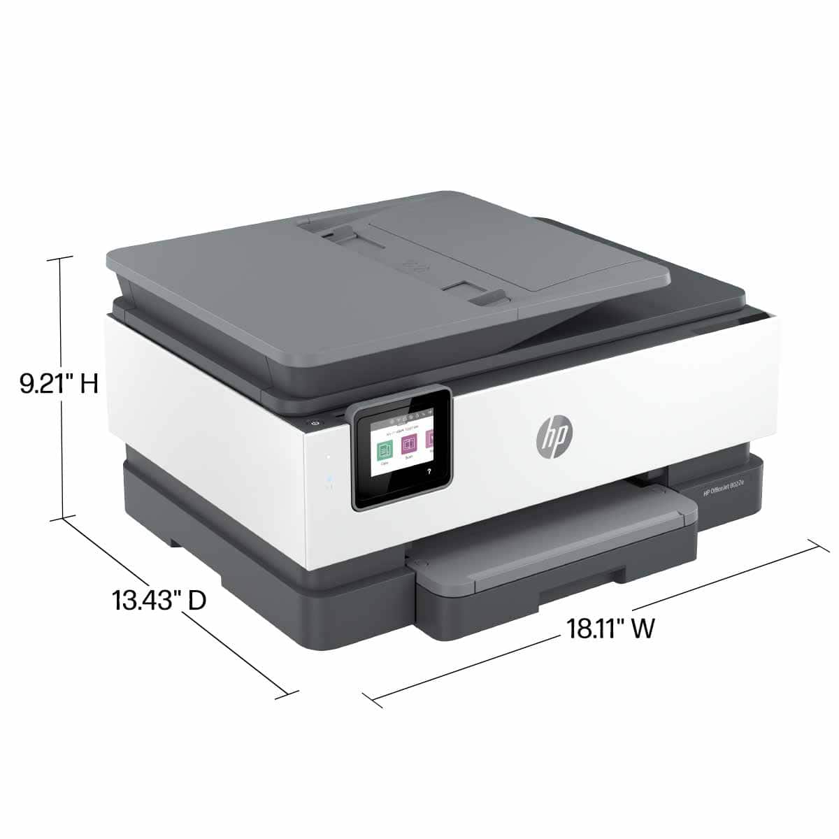 The text on the image reads "9.21" H hp 13.43" D 18.11" W." This information indicates the dimensions of the HP printer, which is 9.21 inches high, 13.43 inches deep, and 18.11 inches wide.