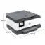 The text on the image reads "9.21" H hp 13.43" D 18.11" W." This information indicates the dimensions of the HP printer, which is 9.21 inches high, 13.43 inches deep, and 18.11 inches wide.
