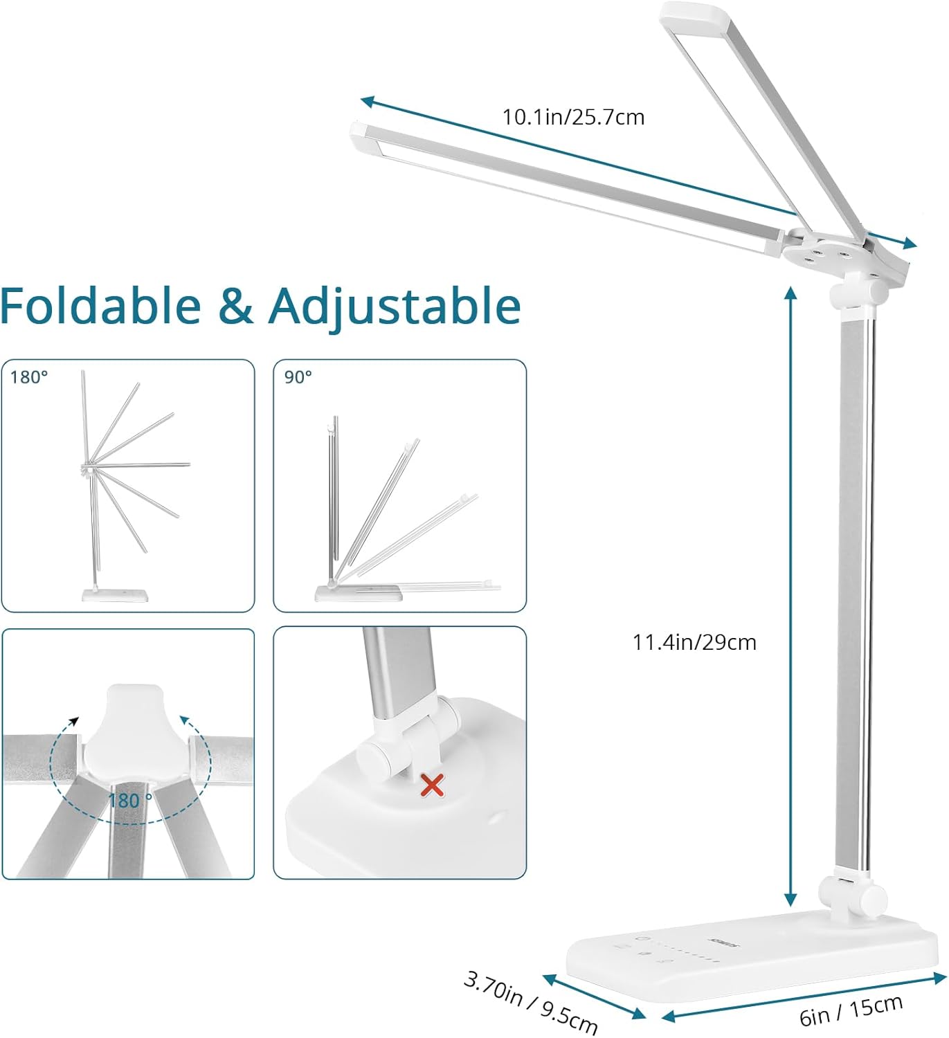 Foldable & Adjustable

10.1in / 25.7cm

11.4in / 29cm

3.70in / 9.5cm

6in / 15cm

180°

90°