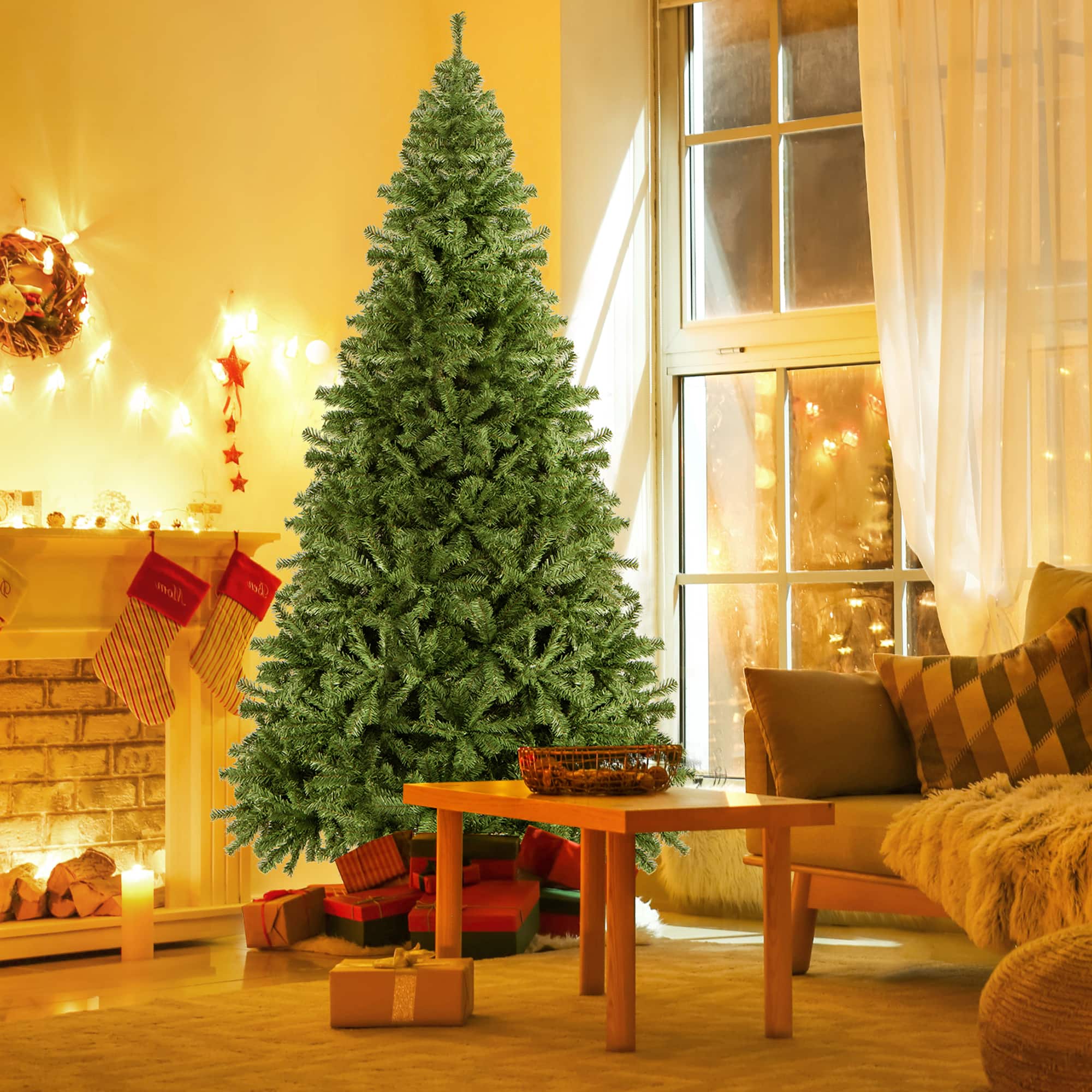 Gymax - 9FT Christmas Tree Hinged Artificial Tree Indoor Outdoor w/ Metal Stand - Green