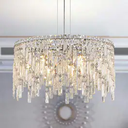 Kadyn - 24" Luxurious Round Crystal Chandelier, Contemporary Rectangular Pendant Light for Dining Room, Chrome - Silver