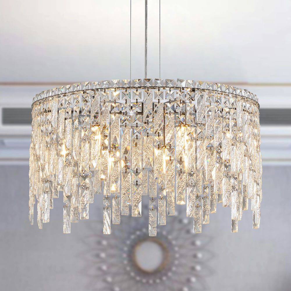 Front. Kadyn - 24" Luxurious Round Silver Crystal Chandelier, Contemporary Rectangular Pendant Light for Dining Room, Chrome - Silver.