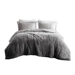PARKER SLATER - Malea Shaggy Comforter Set Long Faux Cozy Down Alternative Modern Casual Ultra Soft All Season Fluffy Bedding With - Ombre Grey-King/Cal King