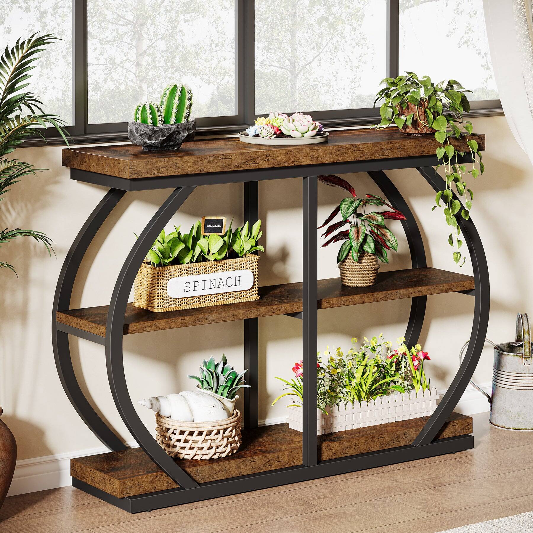 Alt View 3. Tribesigns - Console Table with Metal Frame, Storage Shelves, Space-Saving Design and Rectangular Top for Entryway - Brown.