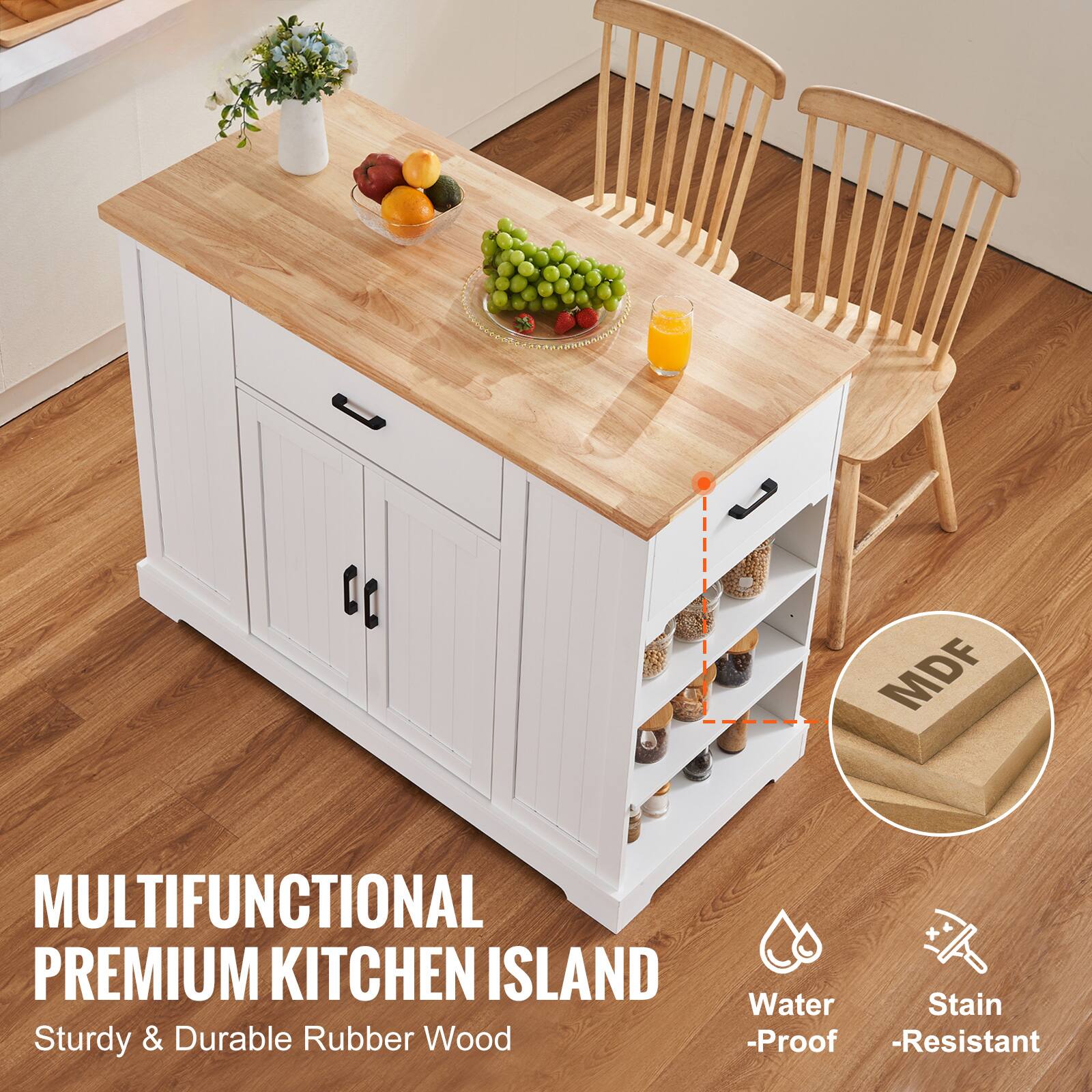 MDF MULTIFUNCTIONAL PREMIUM KITCHEN ISLAND  
Sturdy & Durable Rubber Wood  
Water Proof  
Stain Resistant