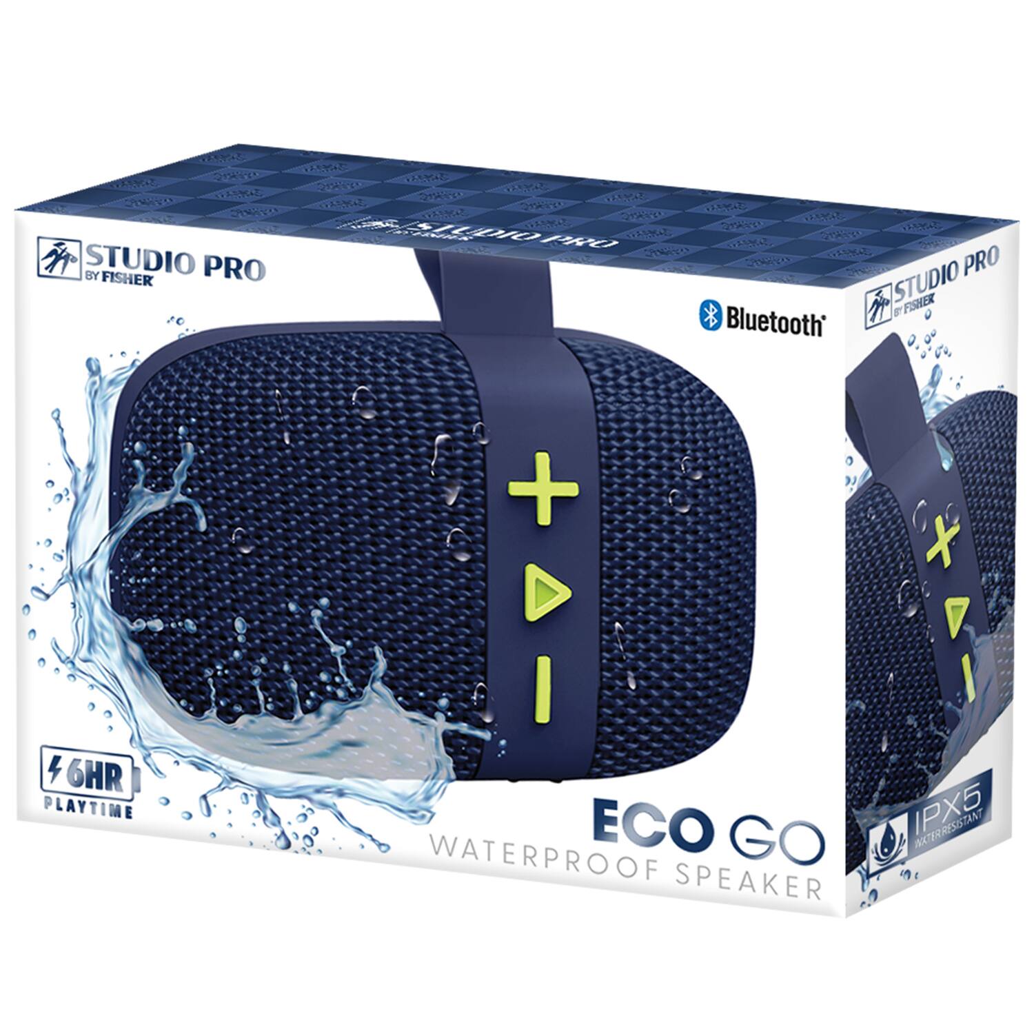 STUDIO PRO BY FISHER  
Bluetooth  
6HR PLAYTIME  
WATERPROOF SPEAKER IPX5  
ECO GO