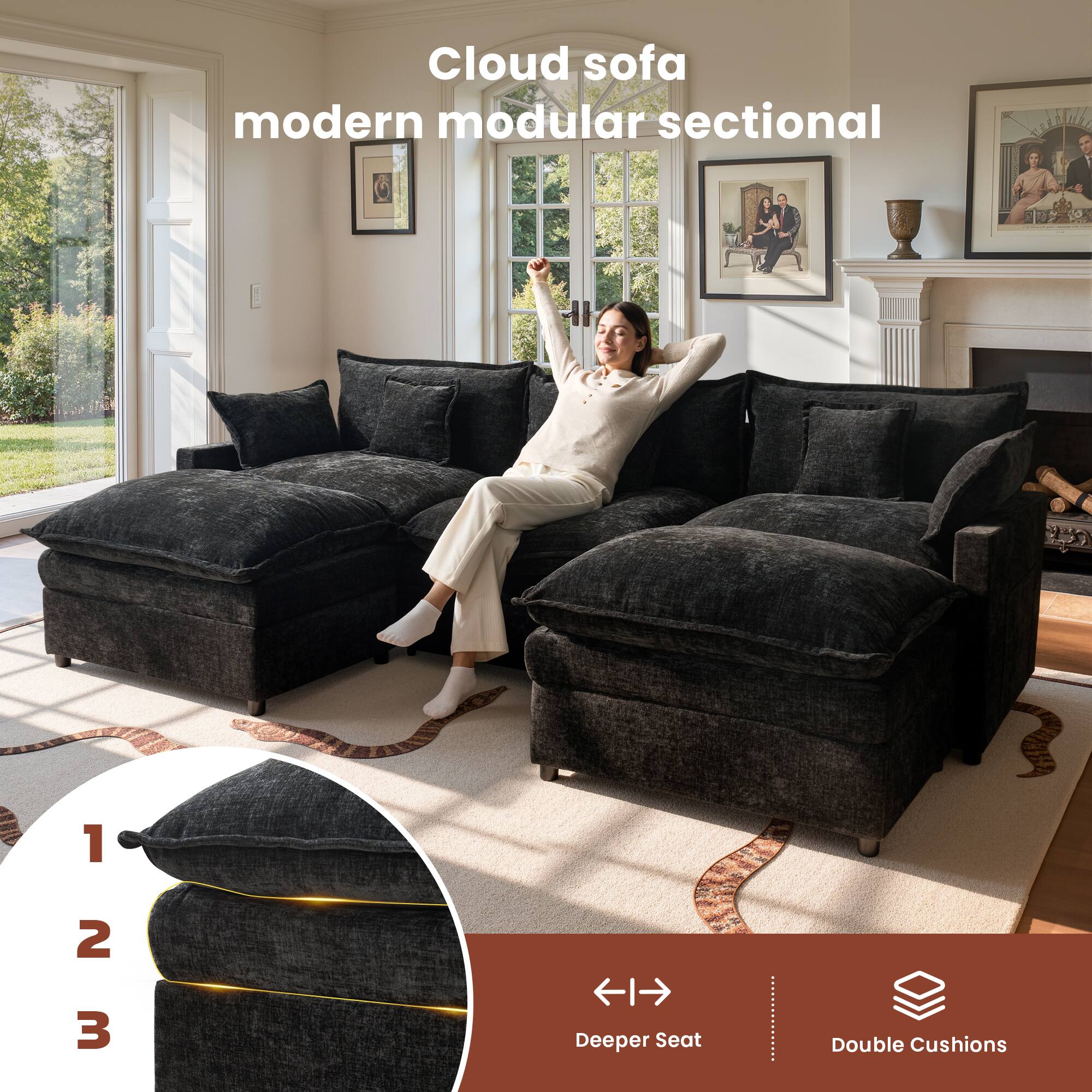 Cloud sofa modern modular sectional

1. Deeper Seat
2. Double Cushions