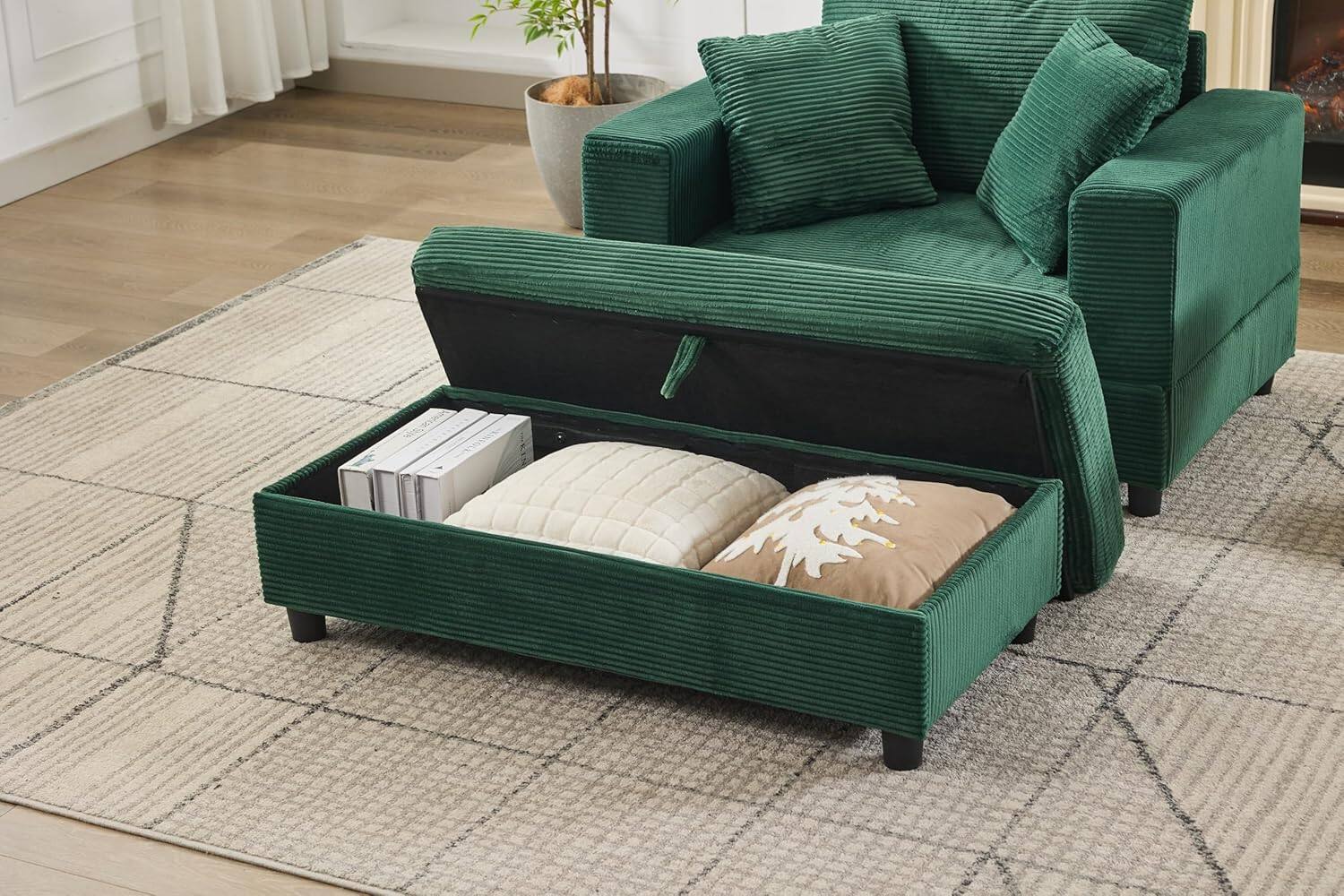 Alt View 5. Trinkets Crazed - Chaise Lounge Chair Indoor, Oversized Corduroy Upholstered Sofa Bed With Removable Storage Ottoman - green.