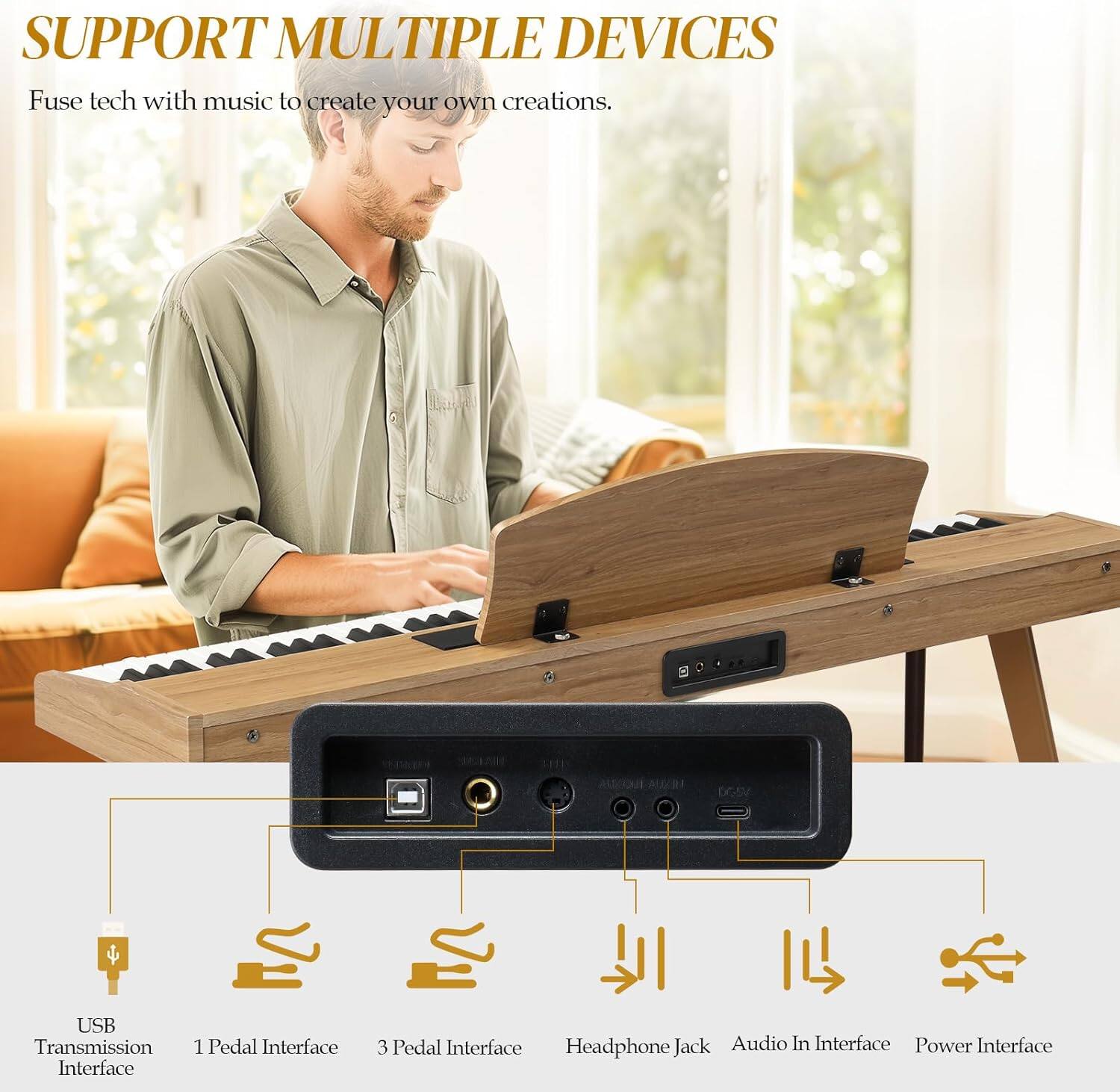 SUPPORT MULTIPLE DEVICES

Fuse tech with music to create your own creations.

- USB Transmission Interface
- 1 Pedal Interface
- 3 Pedal Interface
- Headphone Jack
- Audio In Interface
- Power Interface