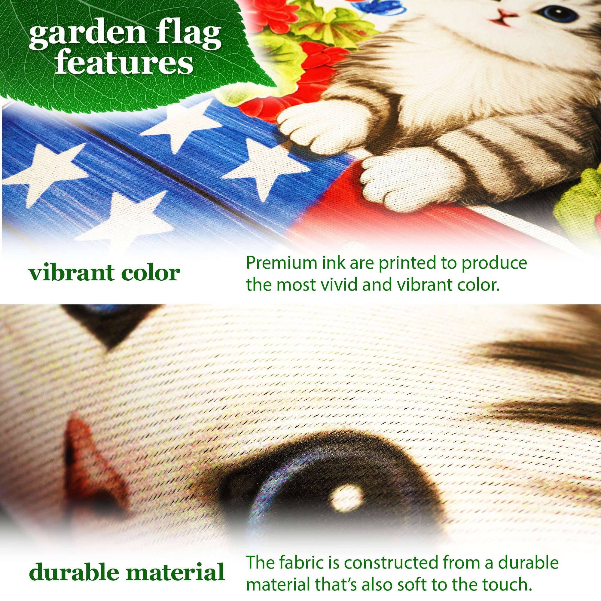 garden flag features vibrant color. Premium ink is printed to produce the most vivid and vibrant color. The fabric is constructed from a durable material that's also soft to the touch.