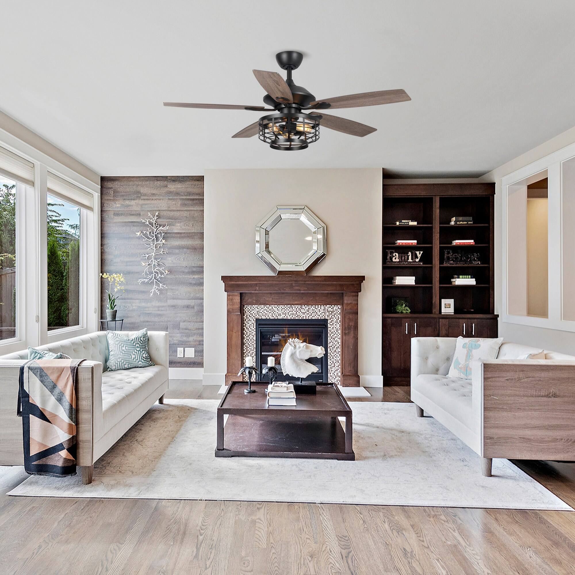 Back. Parrot Uncle - 52" Industrial Wood 5-Blade 3-Light Metal Ceiling Fan with Remote - Black.