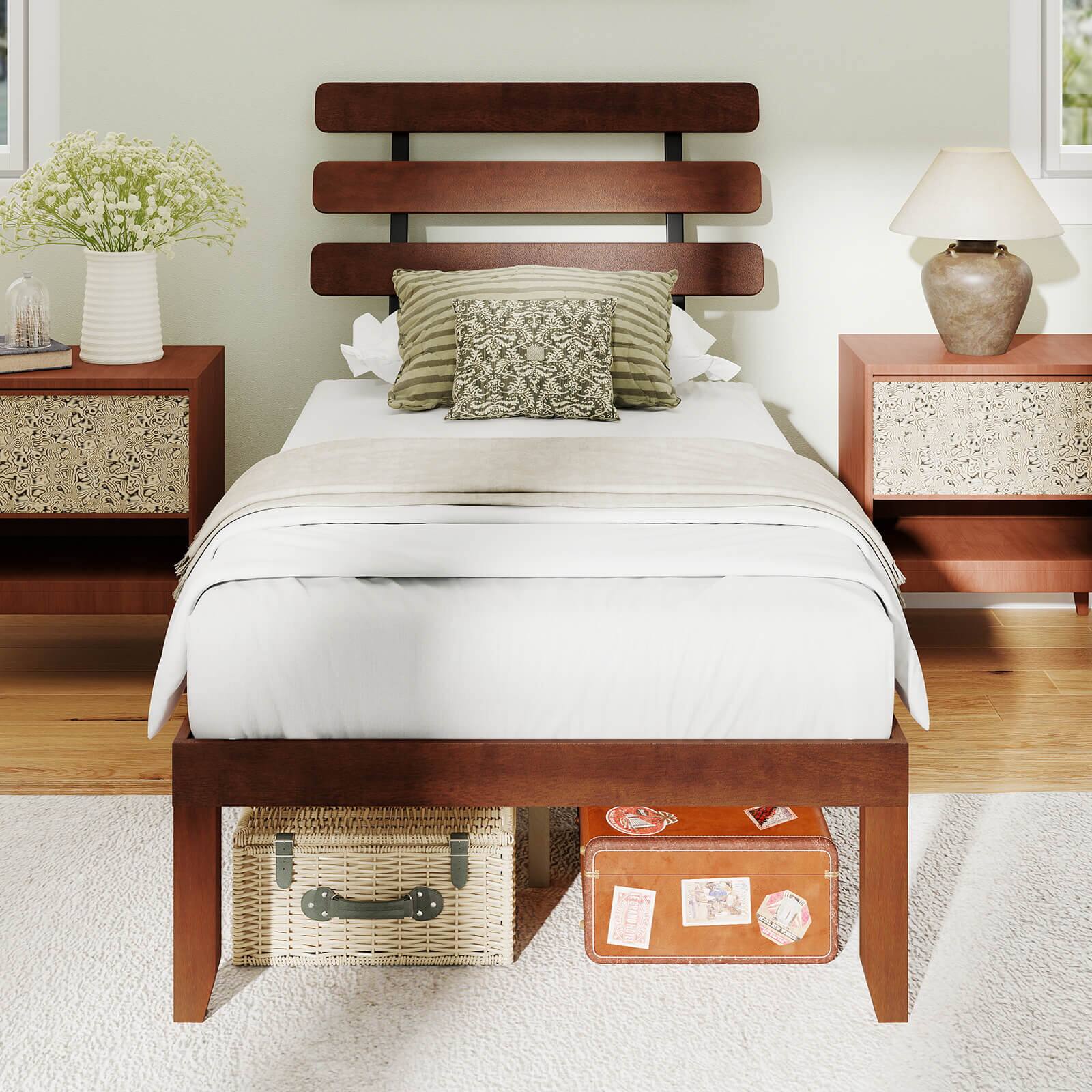 Alt View 3. Costway - Costway 15.5 Inch Twin Size Bed Frame with Retro Headboard &Under-Bed Storage Space - Walnut.