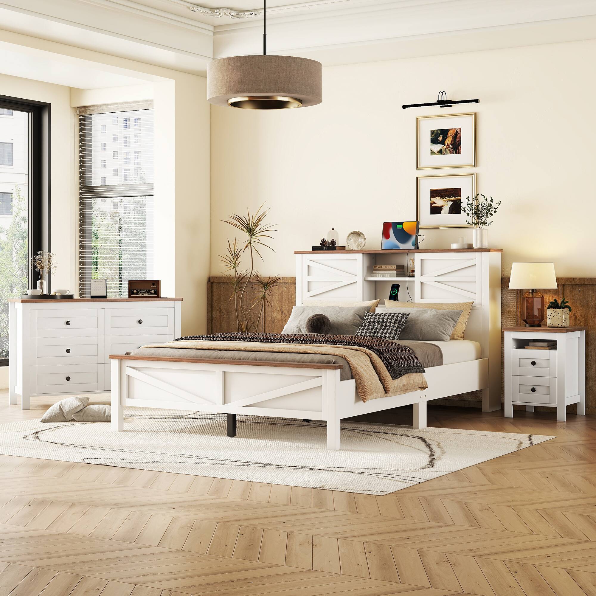 Angle. Anysun - 3-Piece Farmhouse Bedroom Set, Queen Size Platform Bed with Sliding Door Storage Headboard, Storage Nightstand & Dresser - White.