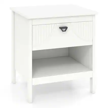 Front. Kadyn - 2-Tier Wooden Nightstand – Combined Drawer & Open Storage Shelf, Stylish Bedroom Side Table, White - White.