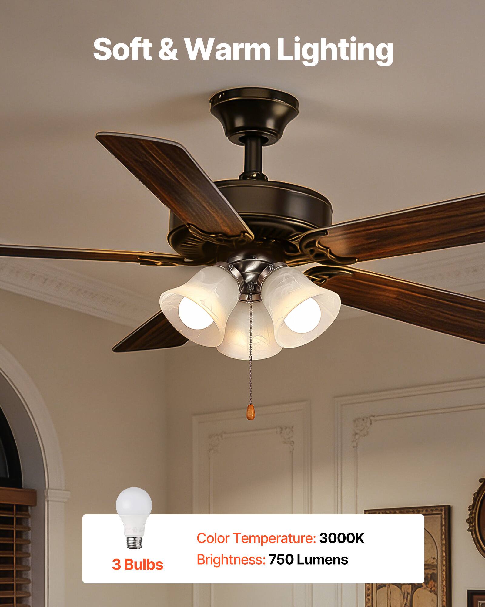 Soft & Warm Lighting  
3 Bulbs  
Color Temperature: 3000K  
Brightness: 750 Lumens