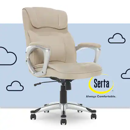 The image features a large white Serta chair with a tan cushion, sitting on a silver metal frame. The chair is placed on wheels, making it easy to move around. The chair is surrounded by blue and white clouds, creating a visually appealing scene. The text "Serta Always Comfortable" is displayed prominently in the image, emphasizing the comfort and quality of the chair.