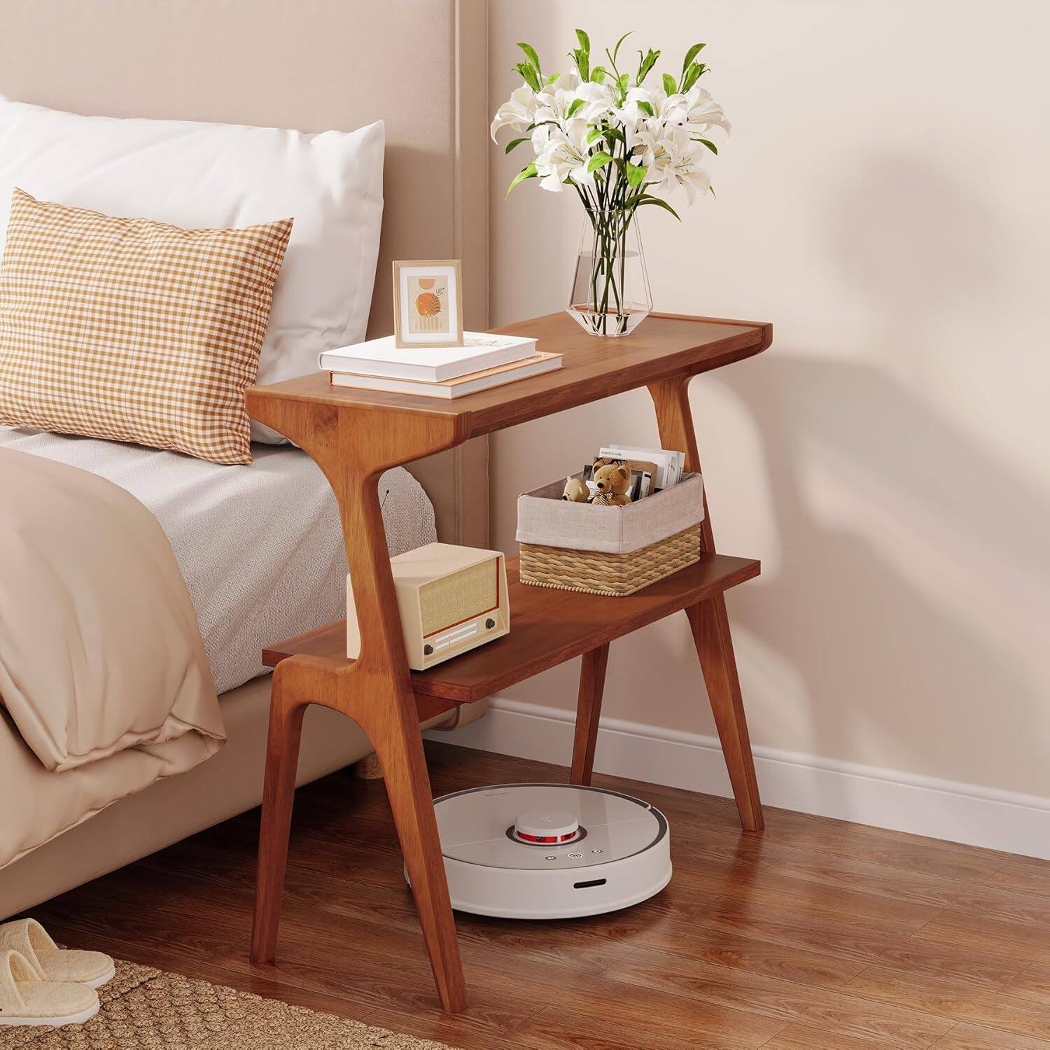 Tribesigns Solid Wood End Table with Storage Shelves, Space Saving ...