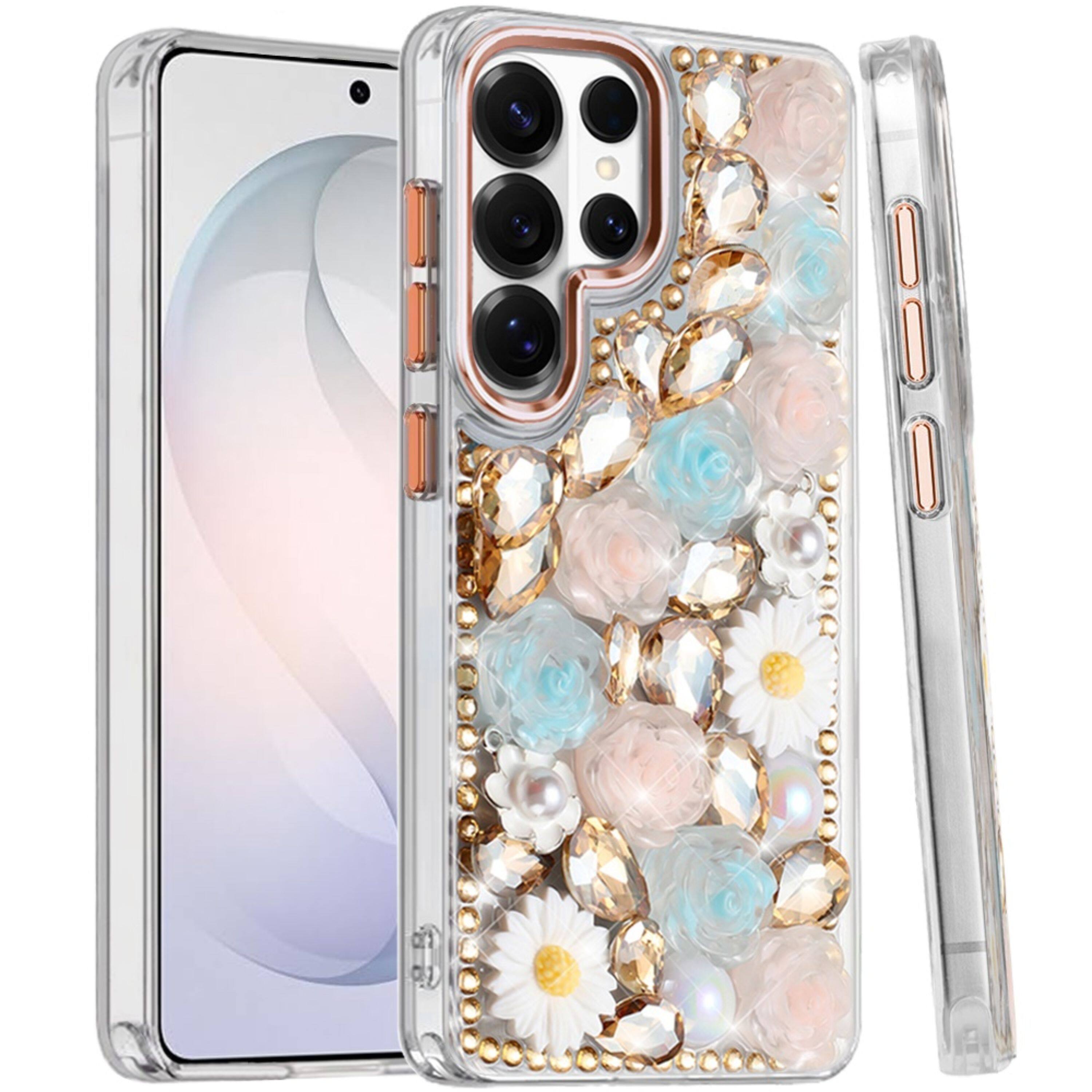 Left. Kitcheniva - 3D Floral Rhinestone Jewel Case With Tempered Glass For Samsung S26 Ultra Gold - Gold.