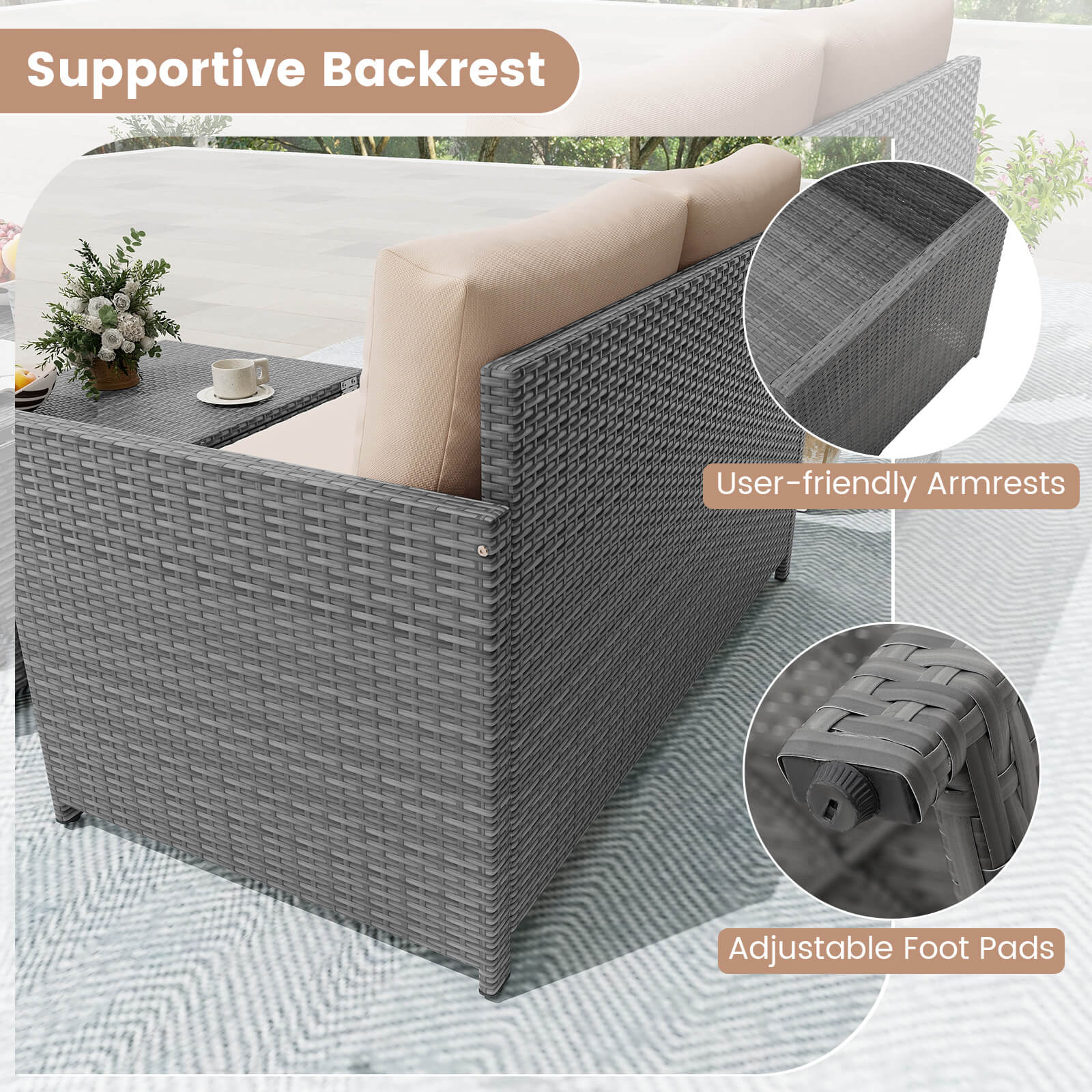 The text on the image reads "Supportive Backrest User-friendly Armrests Adjustable Foot Pads."