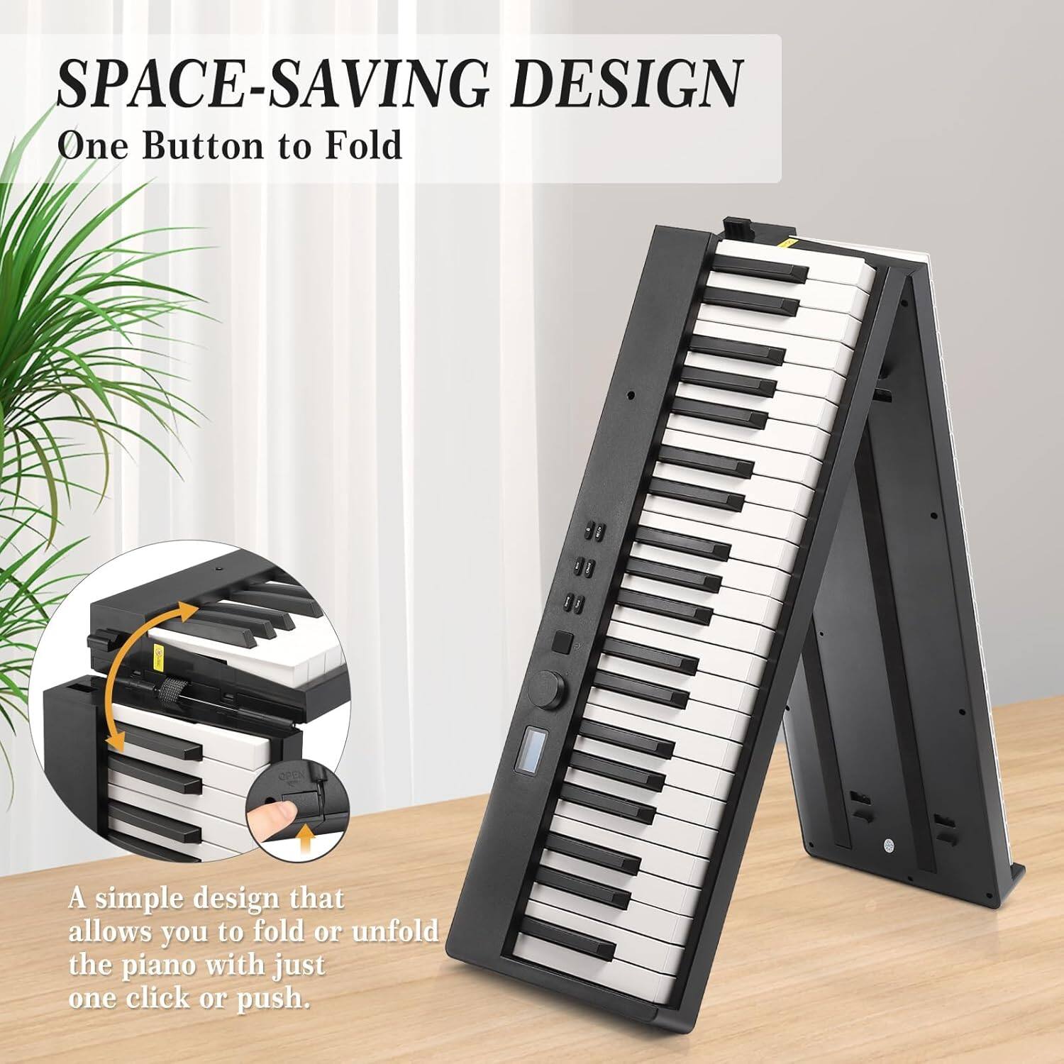 Qeetex - 88-Key Folding Piano with Bluetooth, Semi-Weighted Keys & Headphones