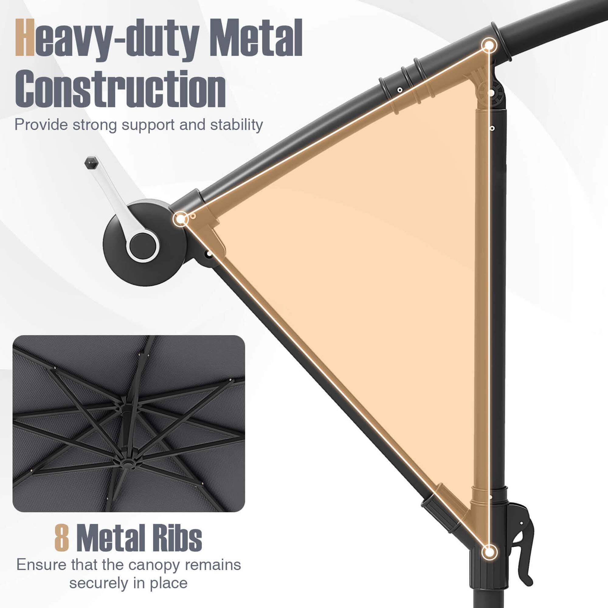 Heavy-duty Metal Construction: Provide strong support and stability. 8 Metal Ribs: Ensure that the canopy remains securely in place.