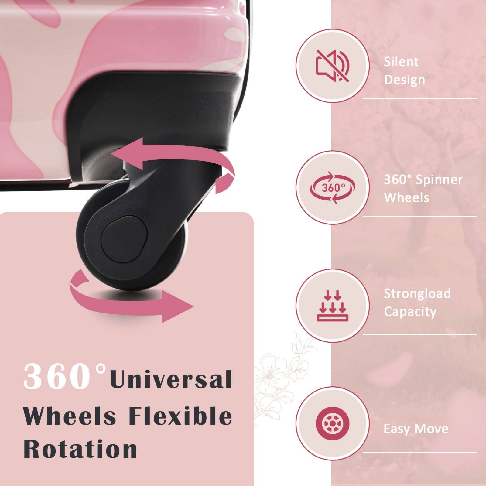 - Silent Design
- 360° Spinner Wheels
- Strongload Capacity
- 360° Universal Wheels Flexible Rotation
- Easy Move