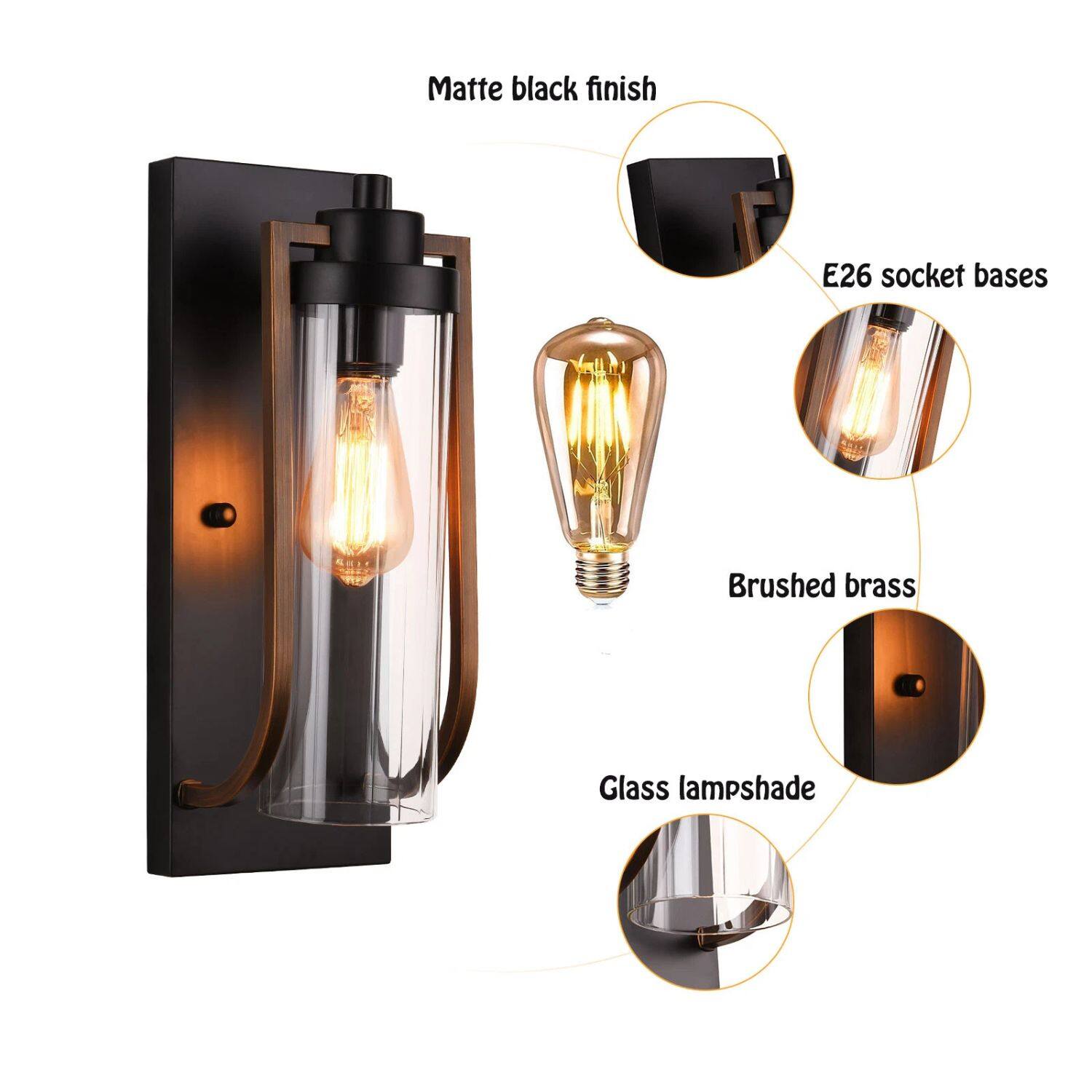 Matte black finish  
E26 socket bases  
Brushed brass  
Glass lampshade