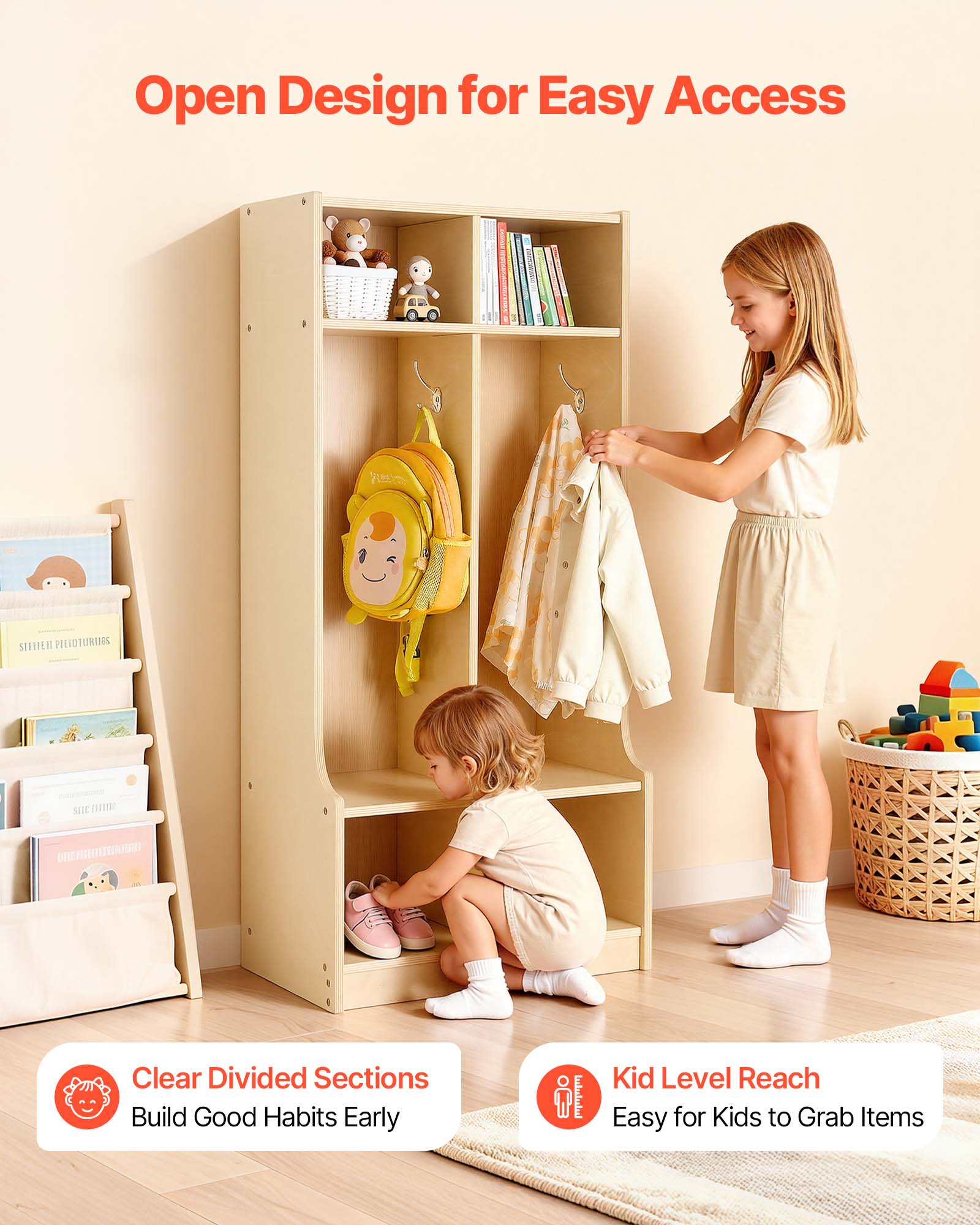Open Design for Easy Access

Clear Divided Sections
Build Good Habits Early

Kid Level Reach
Easy for Kids to Grab Items