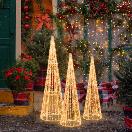 Front. Gymax - Gymax Set of 3 Lighted Christmas Cone Trees Glittered Christmas Tree Decoration - White.