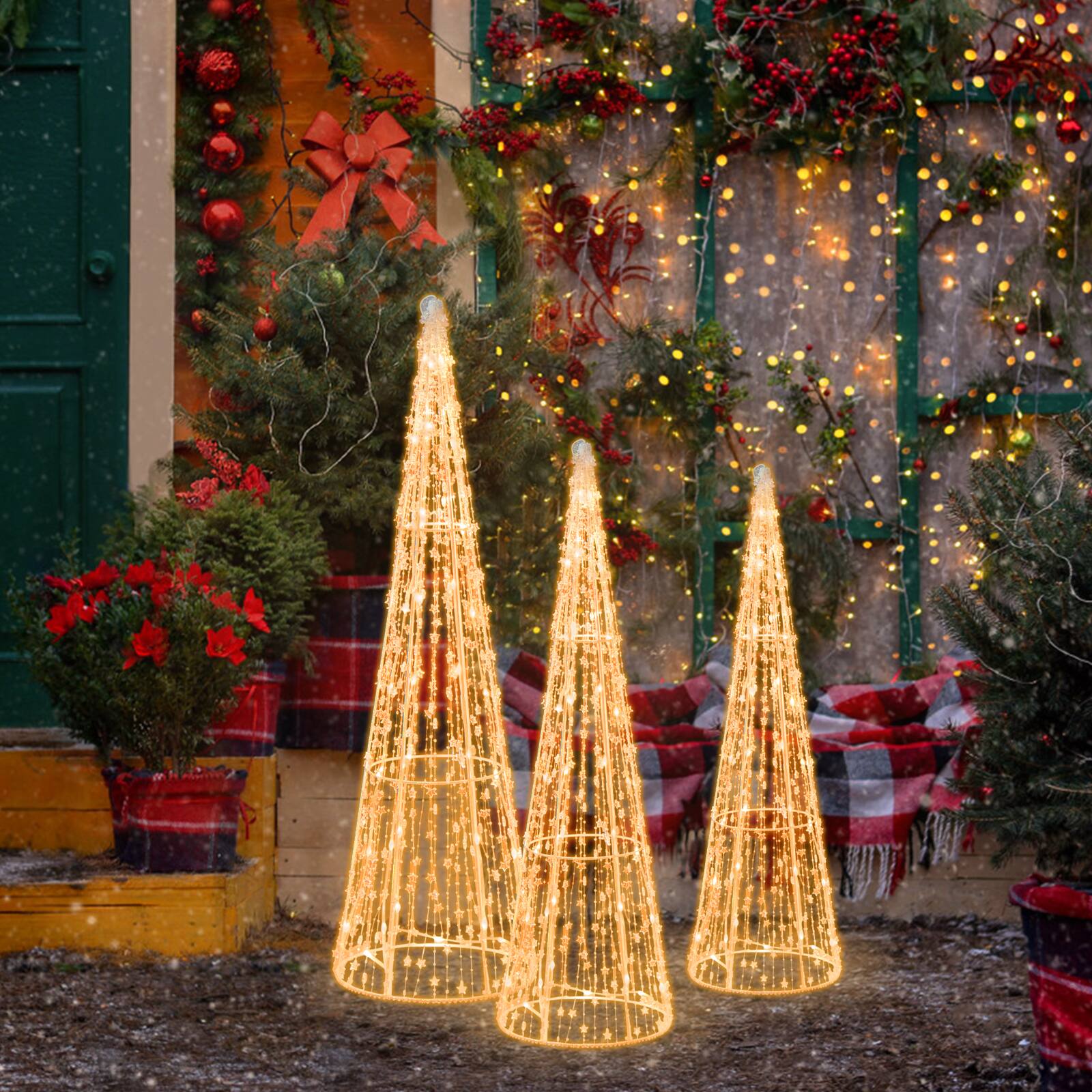 Front. Gymax - Gymax Set of 3 Lighted Christmas Cone Trees Glittered Christmas Tree Decoration - White.