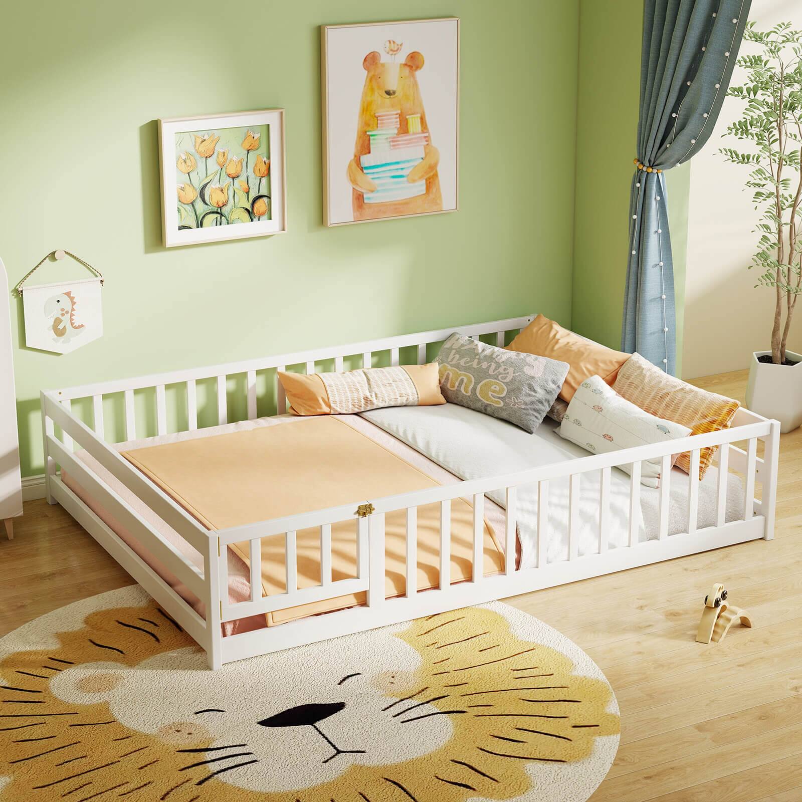 Alt View 3. Costway - Costway Full Size Floor Bed with Full Length Safety Guardrails & Door for Boys, Girls - White.