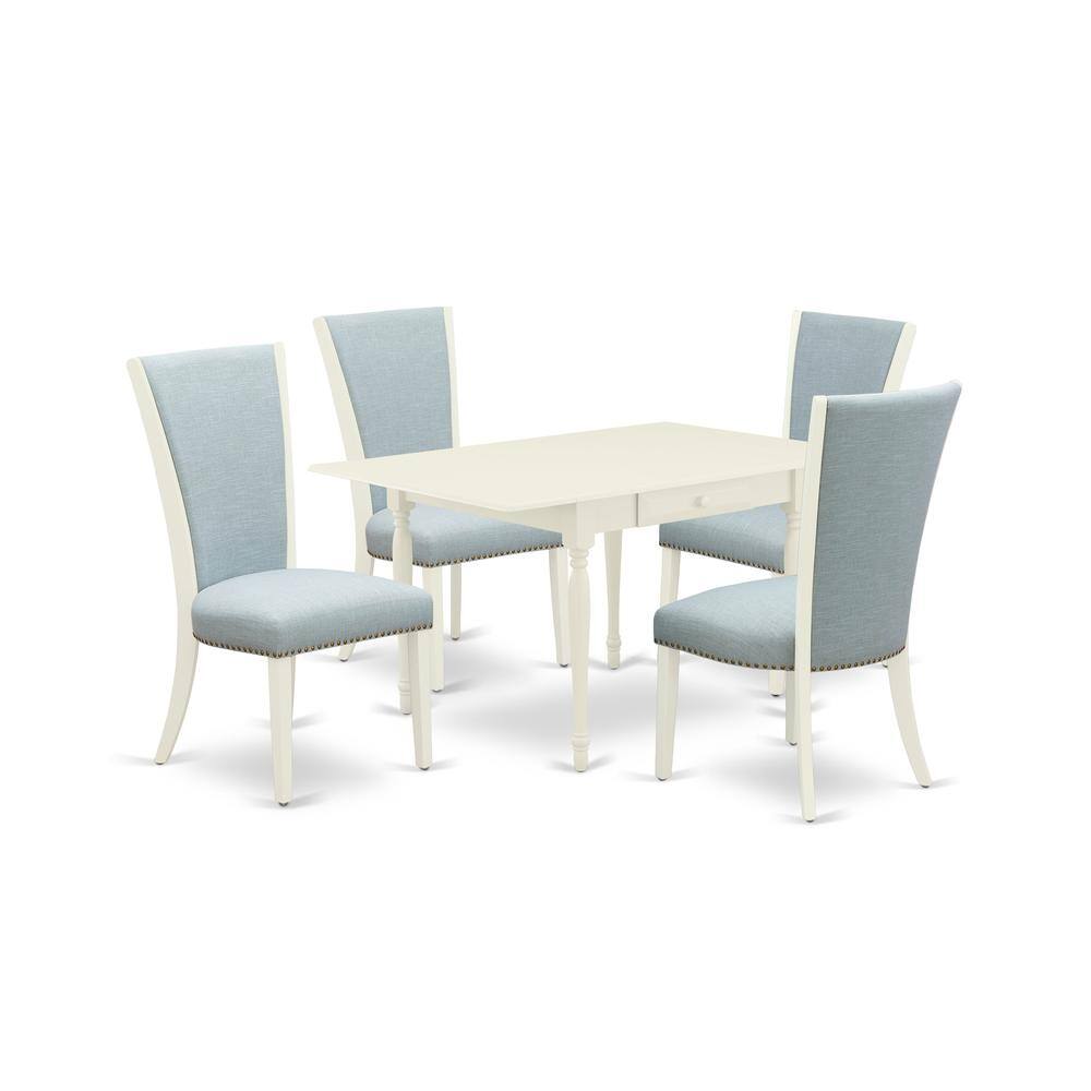 Left. East West Furniture - East-West Furniture MZVE5-LWH-15 - A dinette set of 4 excellent indoor dining chairs with Linen Fabric Baby Blue color - Linen White.