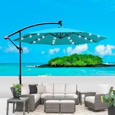 10ft patio umbrella with solar lights and Base for Patio, Cream | Cantilever Offset Outdoor Umbrella with 32 LED Lights, 360 Rotation, Infinite Tilt, Yarn-Dyed Canopy for Poolside Enjoy the shade or night light this 10 solar Led cantilever outdoor patio umbrella provides Mondawe 10 ft Outdoor Patio
