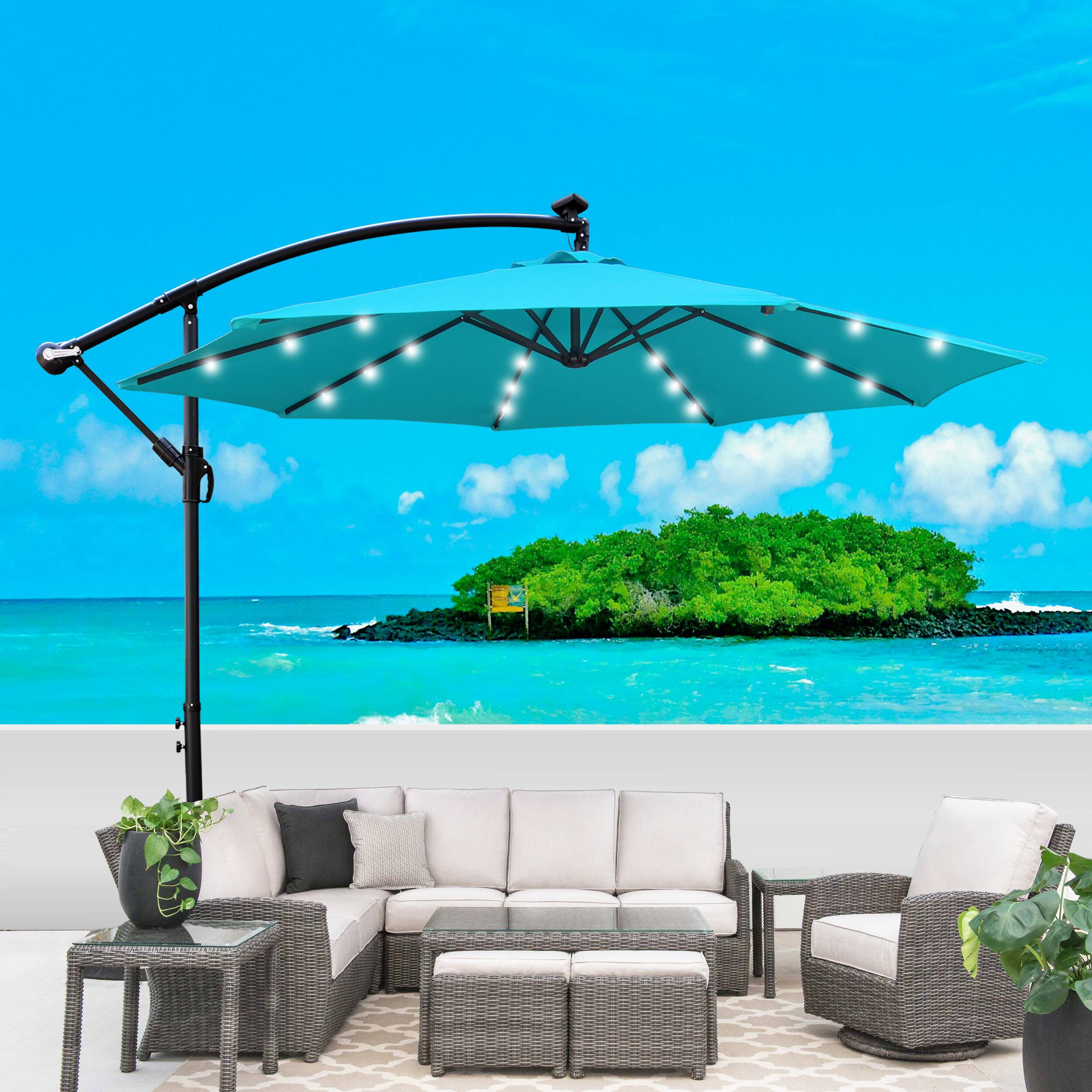 10ft patio umbrella with solar lights and Base for Patio, Cream | Cantilever Offset Outdoor Umbrella with 32 LED Lights, 360 Rotation, Infinite Tilt, Yarn-Dyed Canopy for Poolside Enjoy the shade or night light this 10 solar Led cantilever outdoor patio umbrella provides Mondawe 10 ft Outdoor Patio