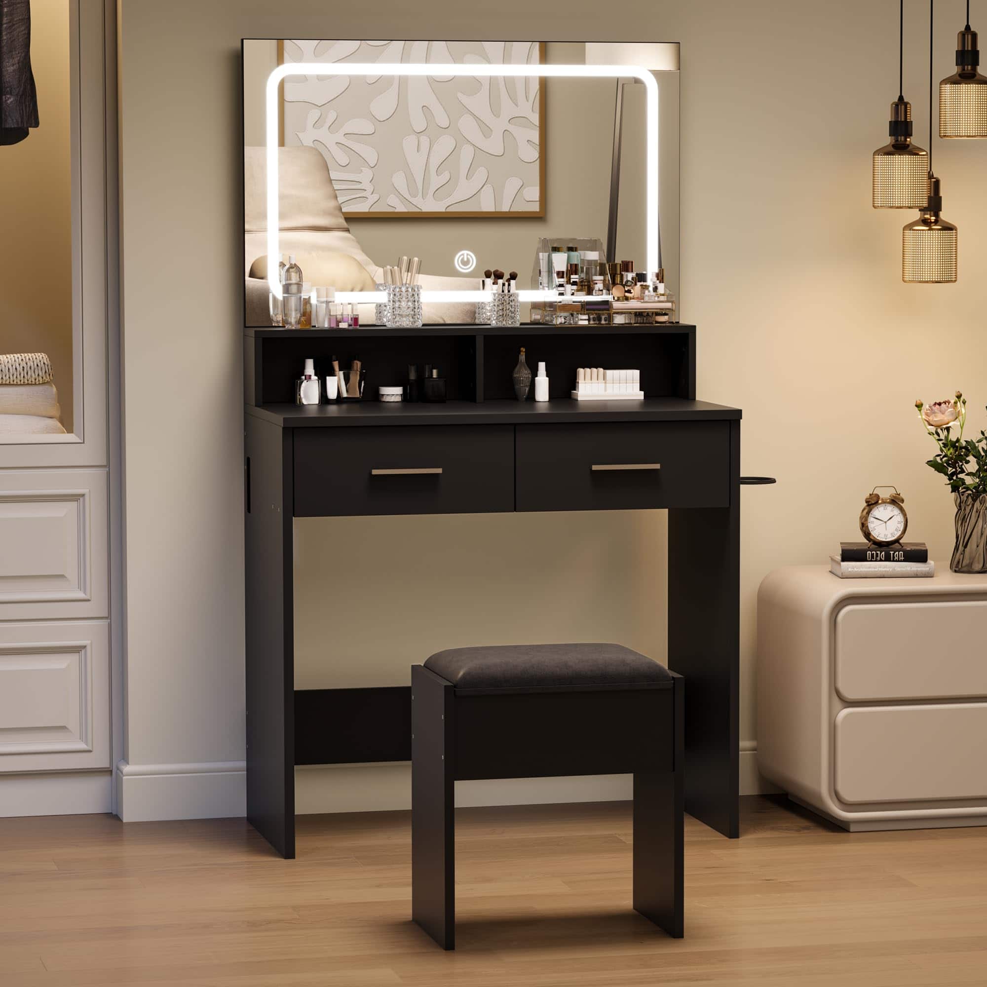 Jojoka - Vanity Desk with Lighted Mirror & Stool, Makeup Table with Power Outlet, 2 Drawers & 3-Mode Adjustable LED - Black