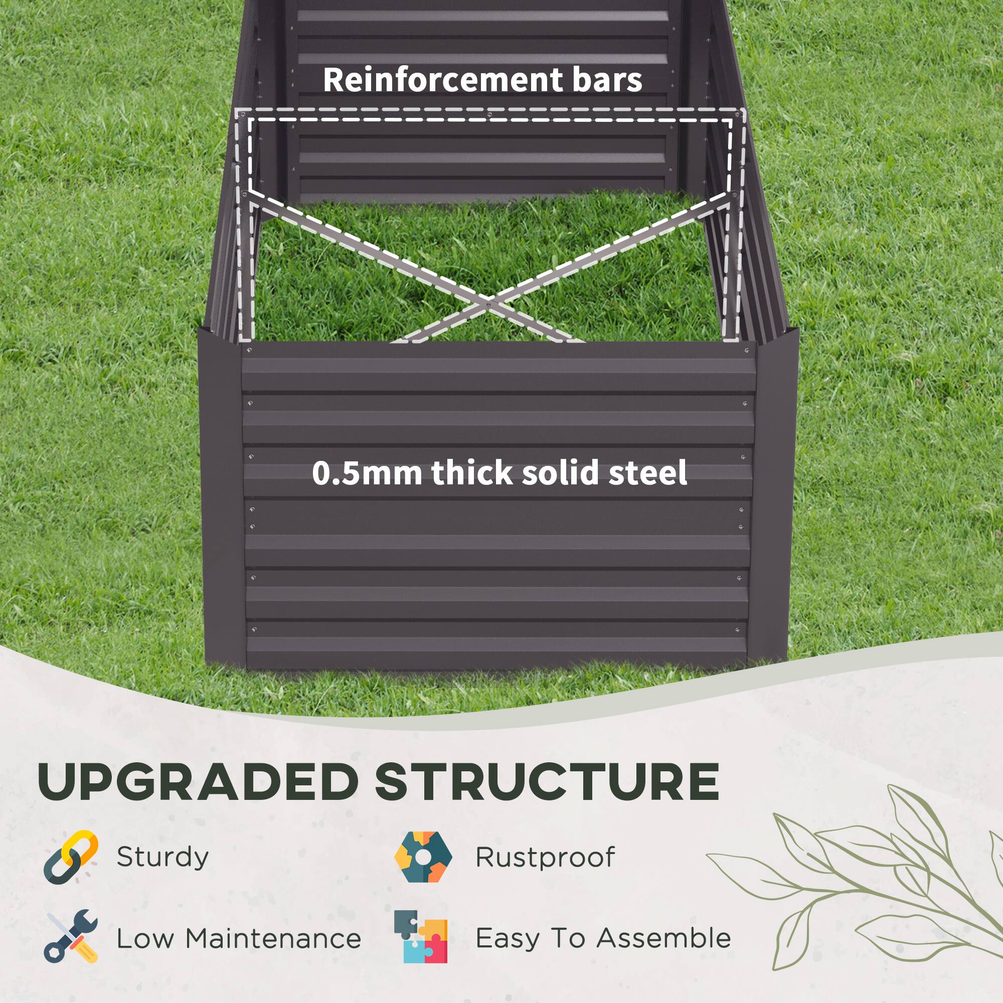 UPGRADED STRUCTURE, Reinforcement bars, 0.5mm thick solid steel, Sturdy, Rustproof, Low Maintenance, Easy To Assemble