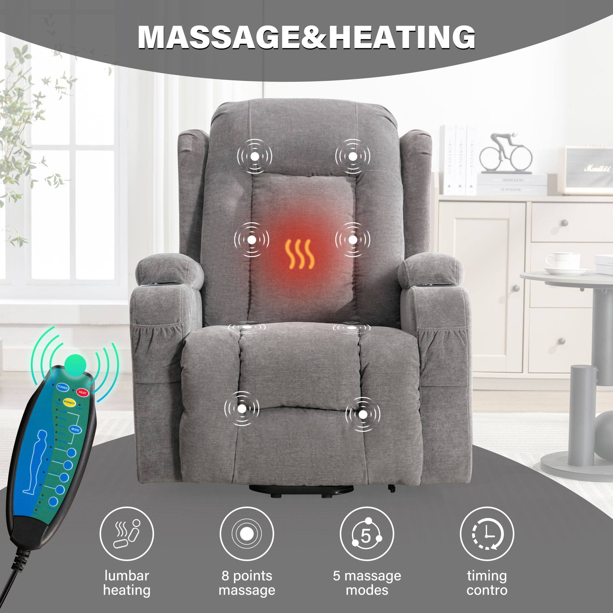 MASSAGE & HEATING

- 5 lumbar heating
- 8 points massage
- 5 massage modes
- Timing control

lumbar heating  
8 points massage  
5 massage modes  
timing control