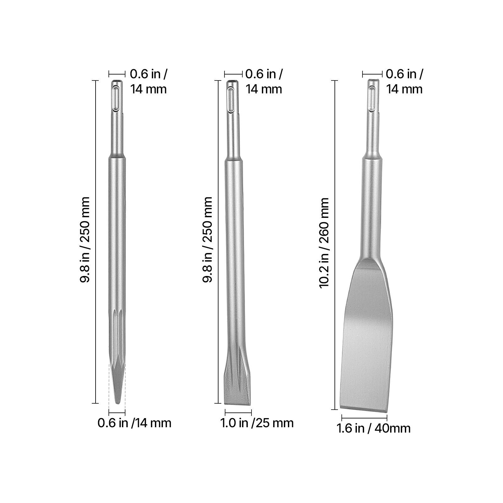 0.6 in / 14 mm  
0.6 in / 14 mm  
0.6 in / 14 mm  
9.8 in / 250 mm  
9.8 in / 250 mm  
10.2 in / 260 mm  
1.0 in / 25 mm  
1.6 in / 40 mm