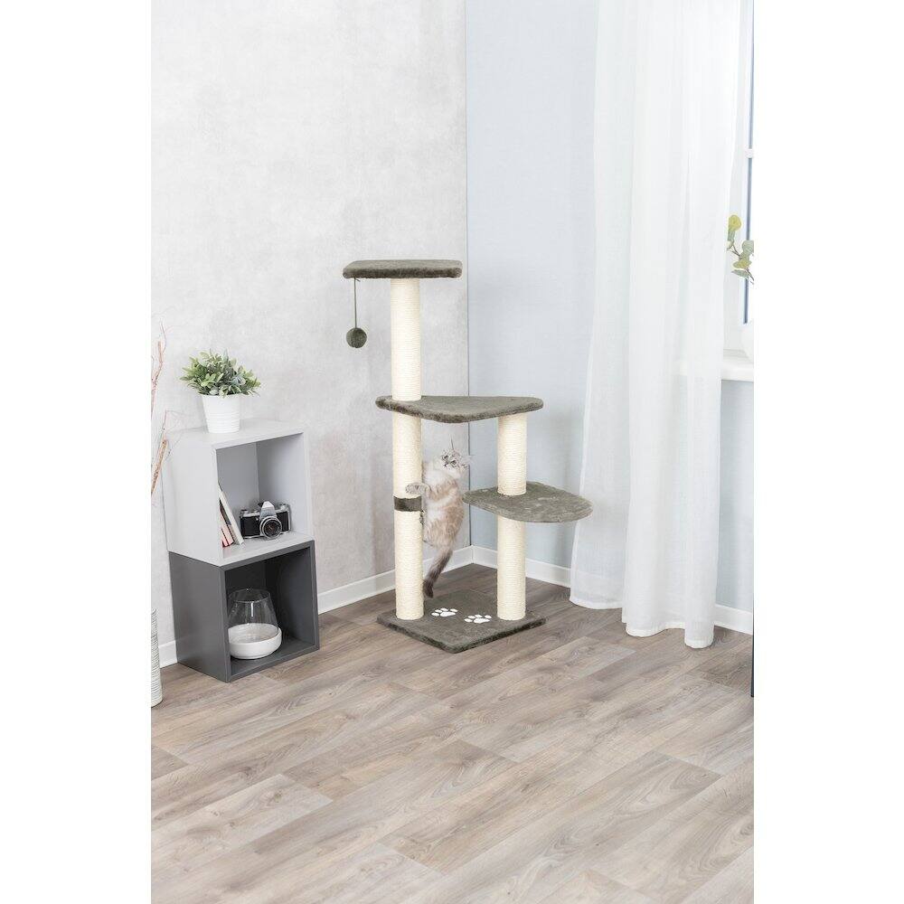Angle. TRIXIE - Altea Plush 3-Level Cat Tree with Sisal Scratching Posts & Cat Toy - Gray.