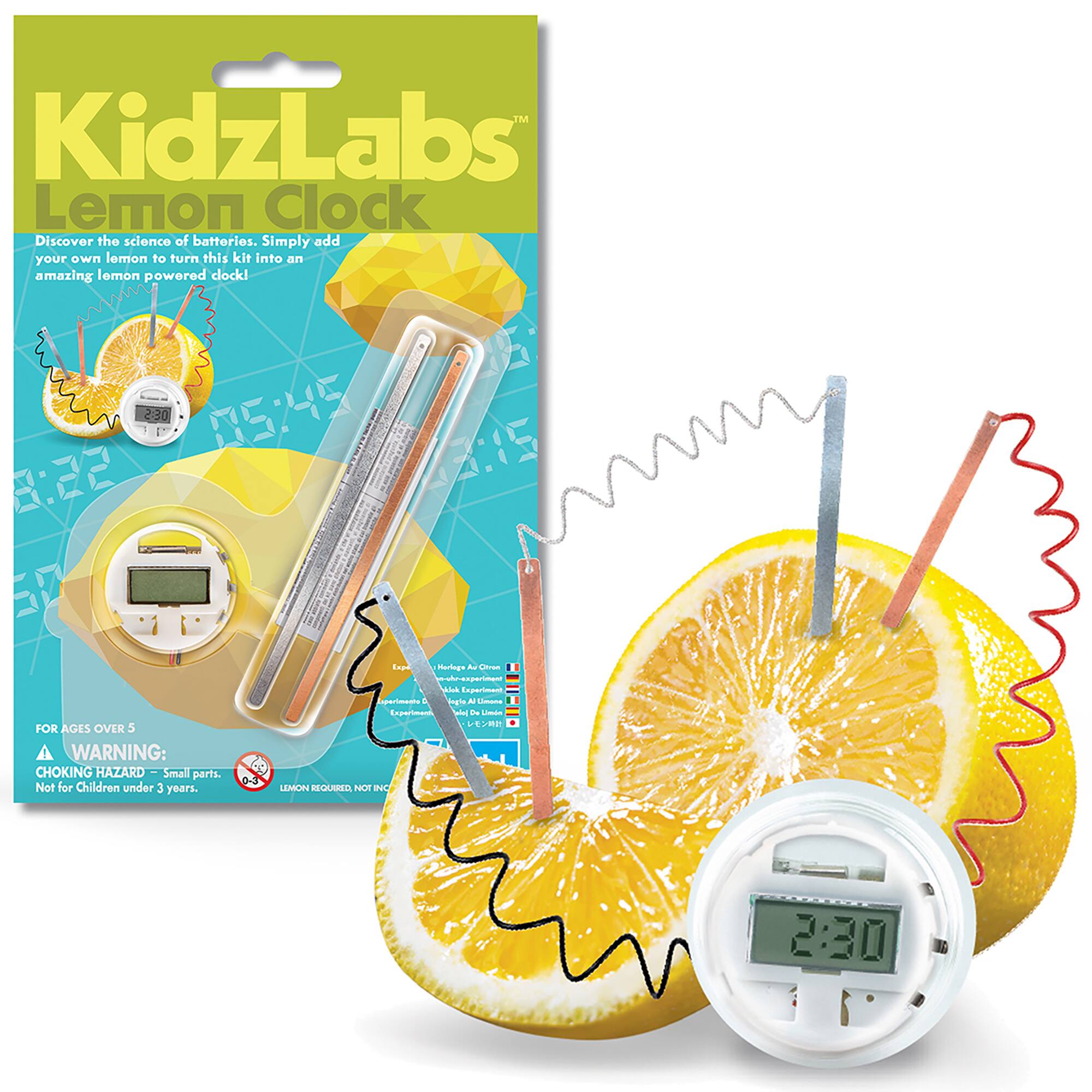 KidzLabs Lemon Clock. Discover the science of batteries. Simply add your own lemon to turn this kit into an amazing clock! powered by lemons. For ages over 5. A warning: Choking hazard. Small parts. Not for children under 3 years.