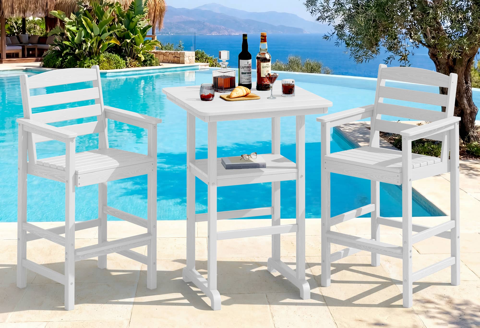 SERWALL - 3 Pieces HDPE Bar Height Chairs and Table Set, Tall Adirondack Chairs and Bar Table with Umbrella Hole - White