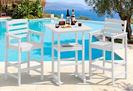 SERWALL - 3 Pieces HDPE Bar Height Chairs and Table Set, Tall Adirondack Chairs and Bar Table with Umbrella Hole - White