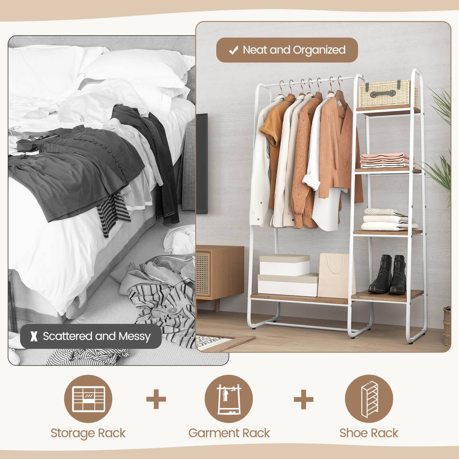 Neat and Organized  
Scattered and Messy  

Storage Rack  
Garment Rack  
Shoe Rack